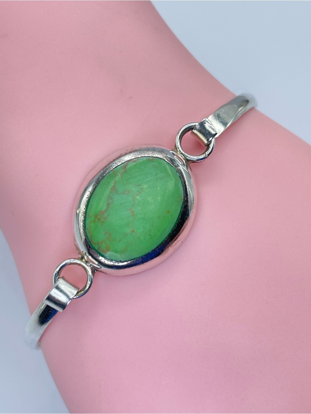 Vintage Taxco Mexico Green Jasper Silver Tone Bangle Bracelet Southwestern Boho